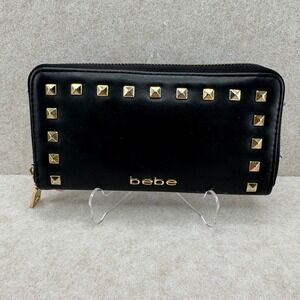 Bebe Wallet Zip Around Black Gold Studded Faux Leather Y2K Edgy Glam 2000s Goth
